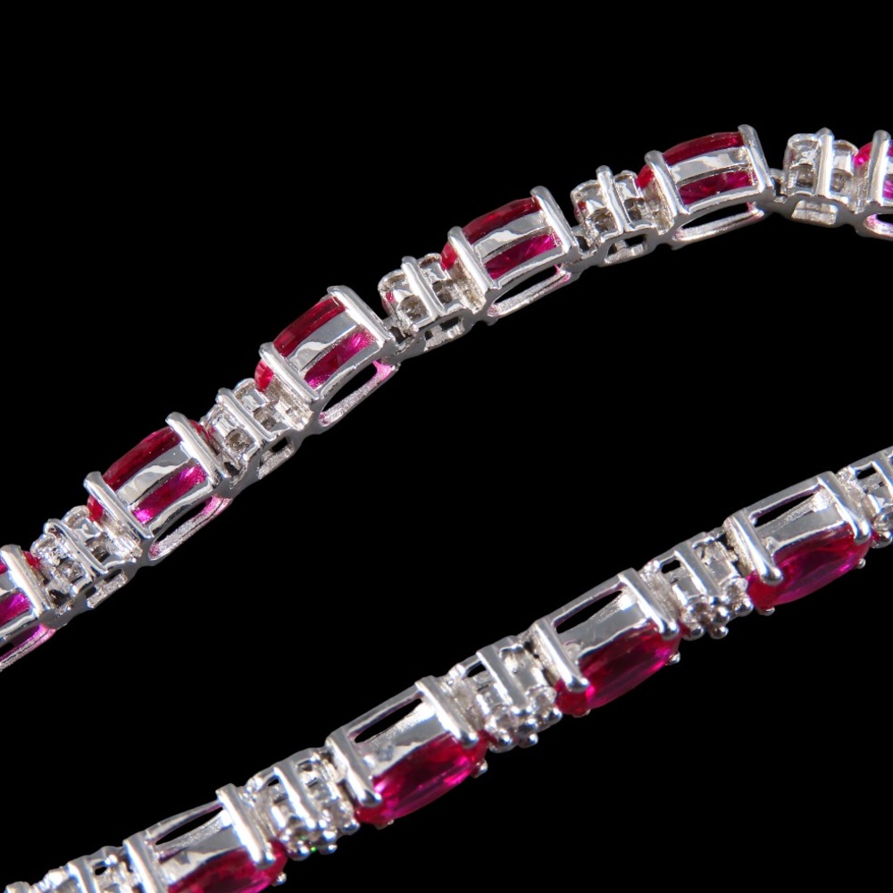 STERLING SILVER Tennis Bracelet FUCHSIA PINK SAPPHIRES Lab-Created w/Topaz Trim - Picture 7 of 9
